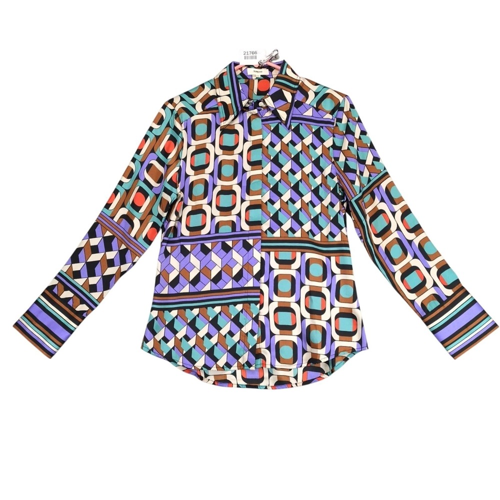 Suncoo Paris Geometric Satin Blouse Womens T0 XS Retro Mod Designer France Chic